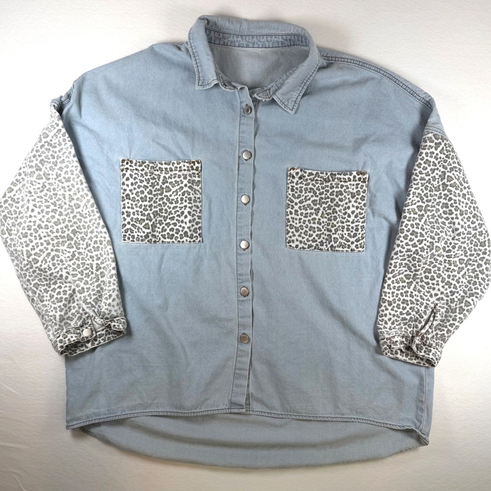Leopard Print Mixed Media Denim Button Down Jacket Light Wash 2XL